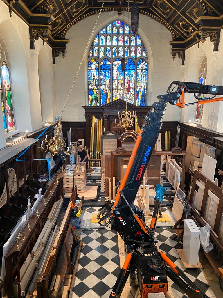 View of the interior of the chapel during the rebuilding of the organ