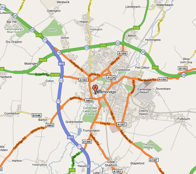 Map of roads around Cambridge
